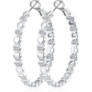 925 Silver-40mm Heart Cubic Zirconia Large Rhinestone Hoop Earrings for Womens